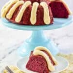 A bundt cake that's red velvet chocolate chip with piped cream cheese frosting.