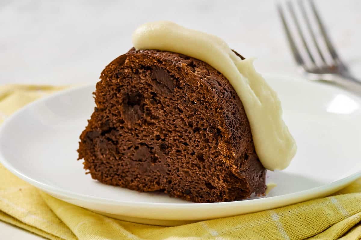A slice of dark chocolate chocolate chip cake with piped cream cheese frosting.
