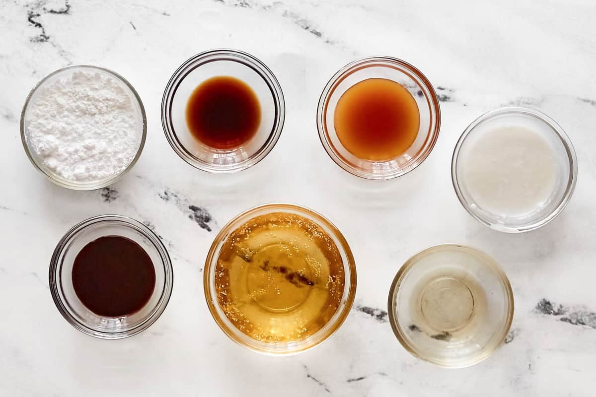 Cream soda, butterscotch syrup, caramel syrup, coconut cream, powdered sugar, and vanilla.