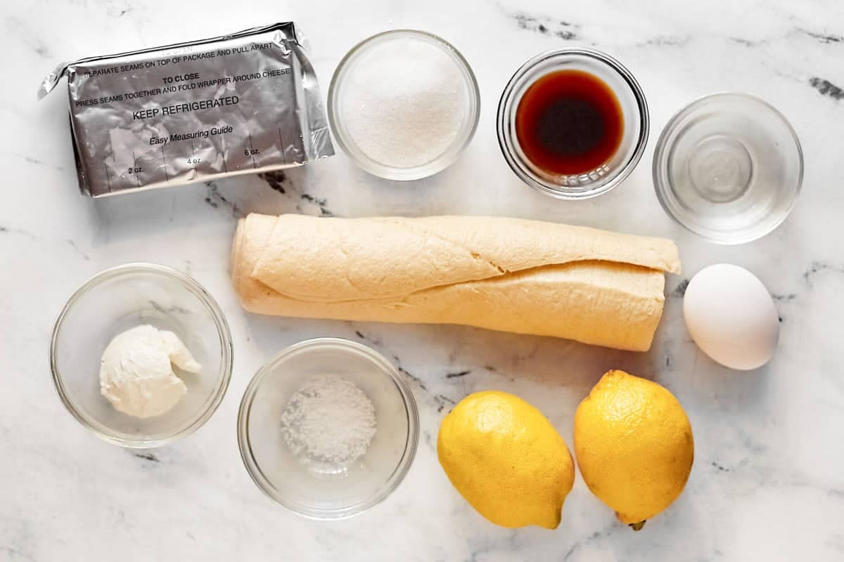 Crescent roll dough, neufchatel cheese, lemons, sugar, vanilla, egg, and water.