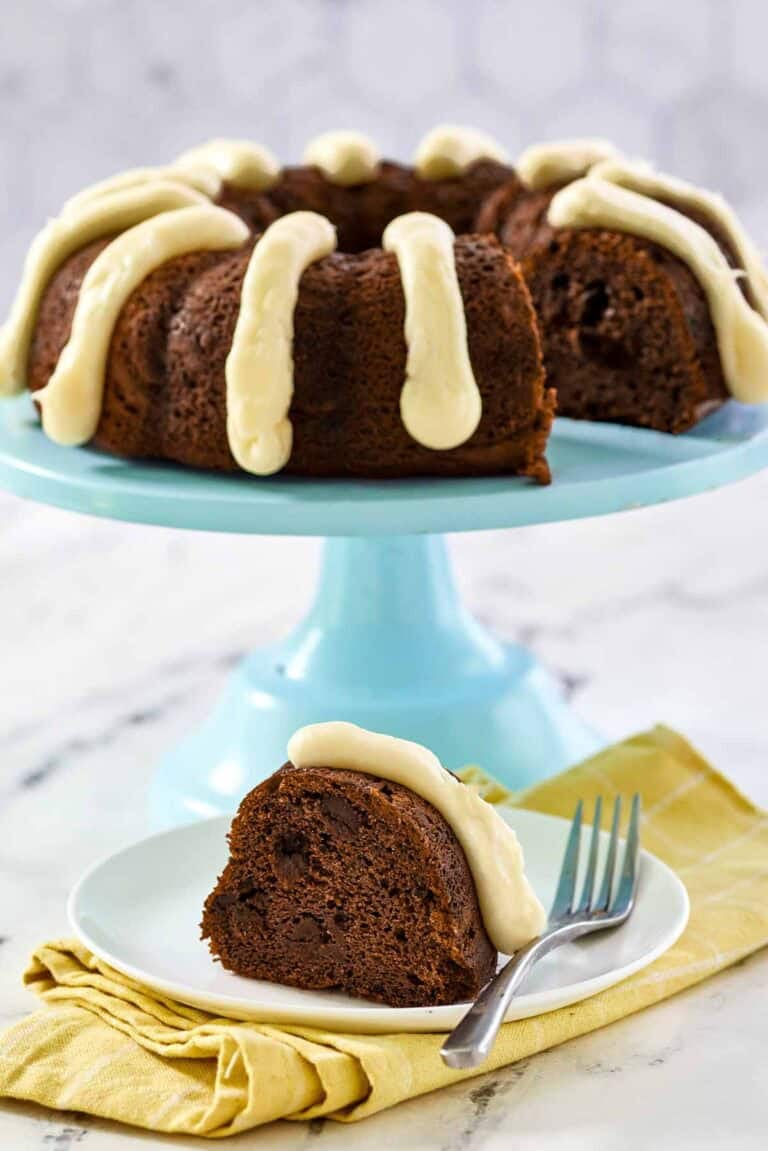 Dark chocolate bundt cake with chocolate chips and piped cream cheese frosting.