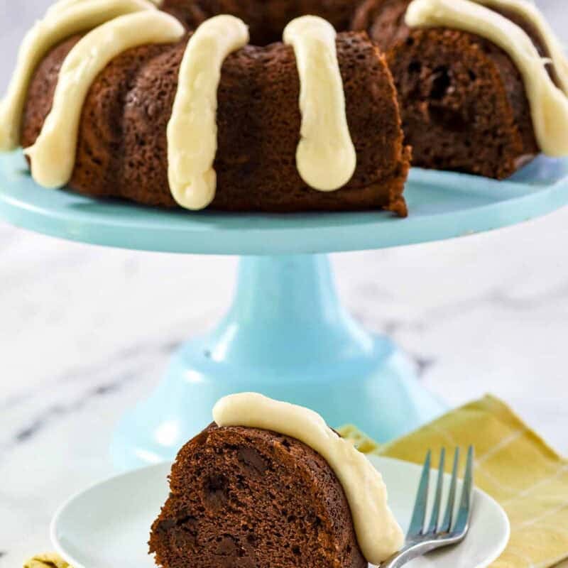 Dark chocolate bundt cake with chocolate chips and piped cream cheese frosting.