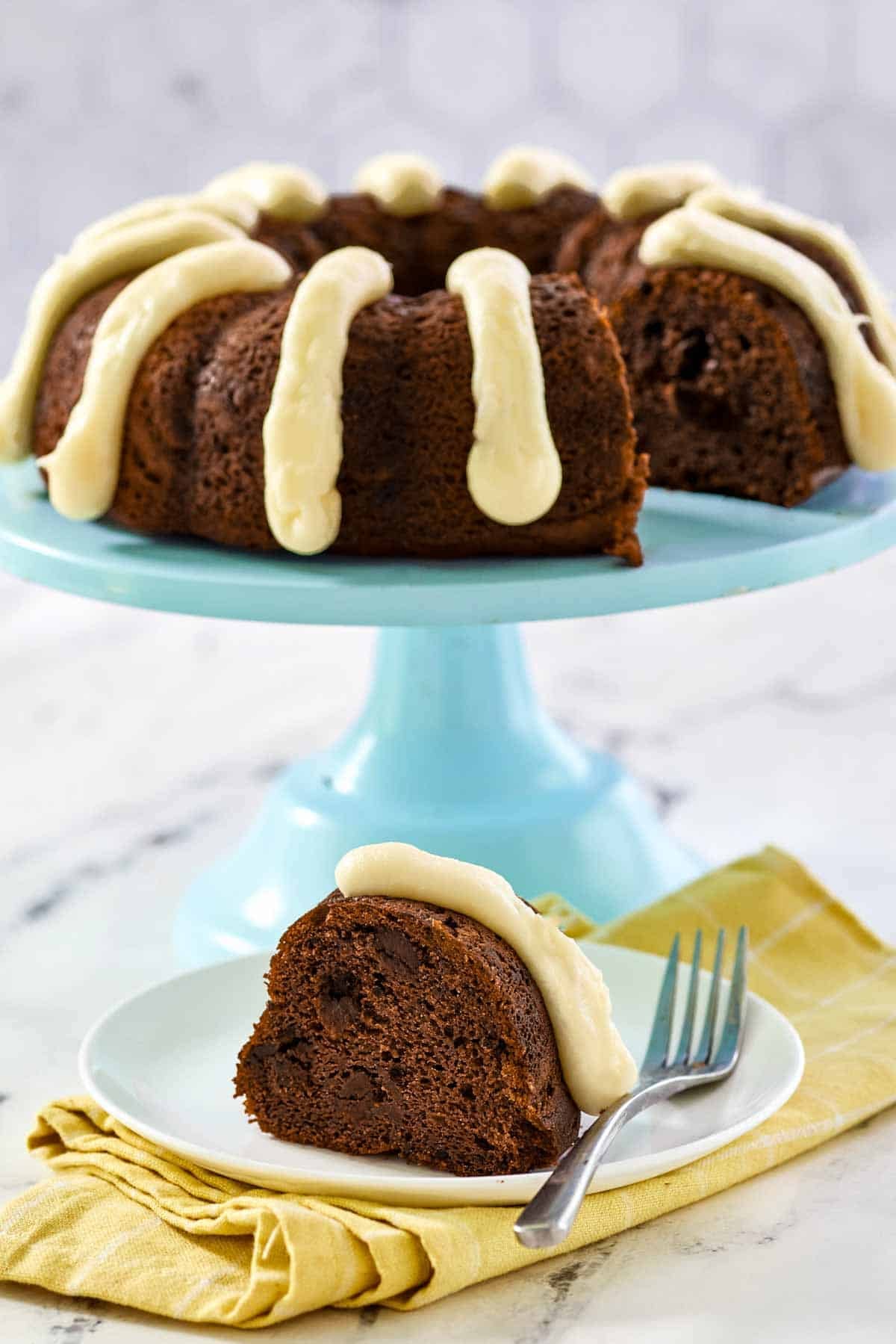 Dark chocolate bundt cake with chocolate chips and piped cream cheese frosting.