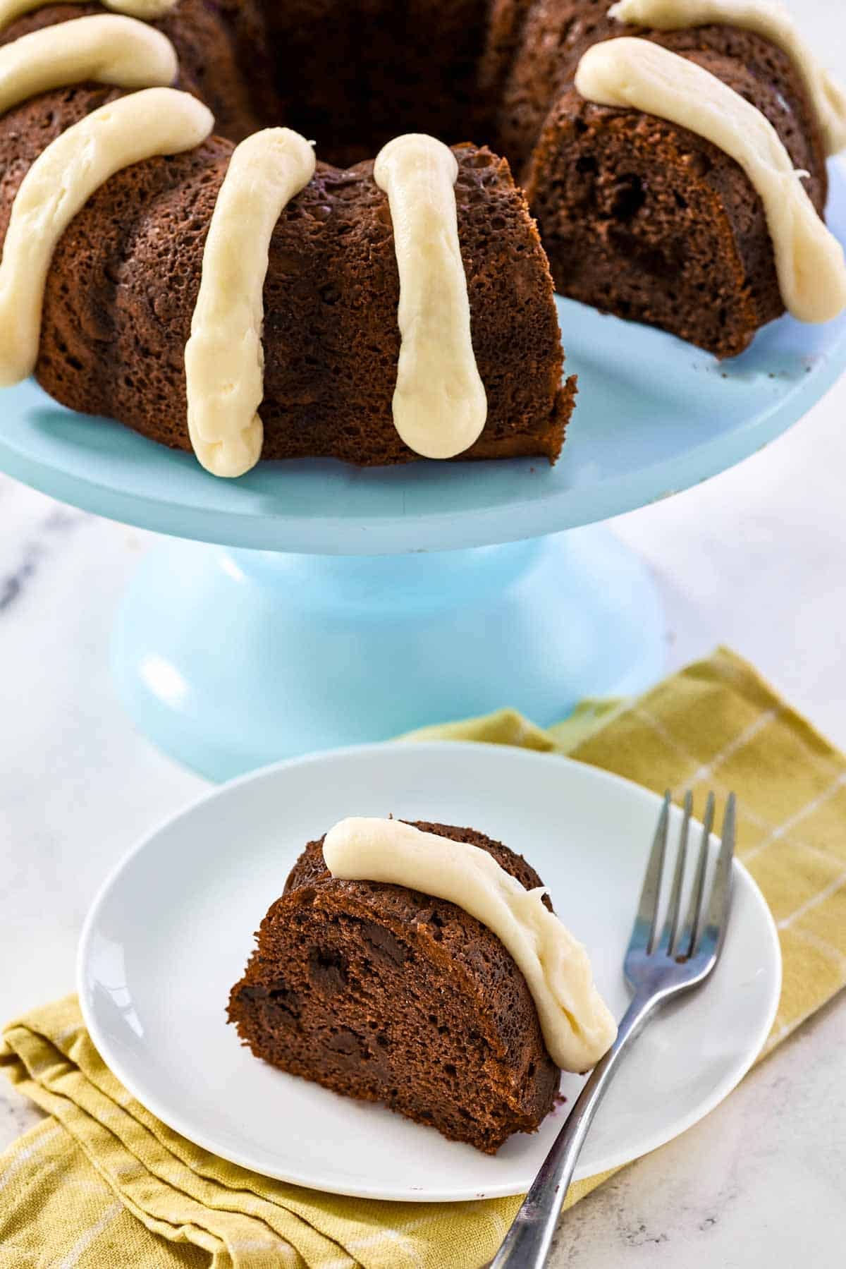 Double chocolate bundt cake with piped cream cheese frosting.