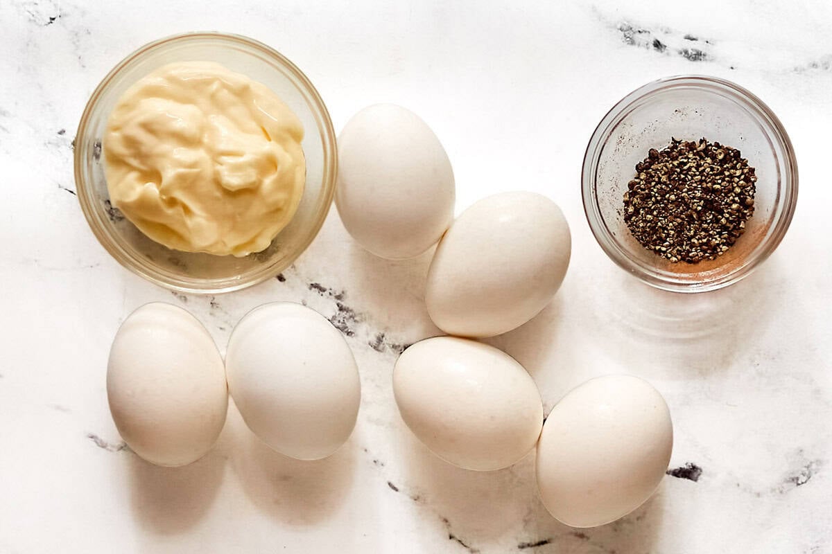 Eggs, mayonnaise, and ground black pepper.