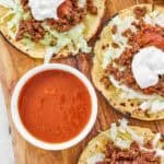Homemade fiery hot sauce served with ground beef tostadas.