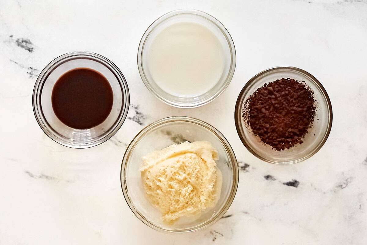 Instant coffee, milk, vanilla ice cream, and chocolate syrup.