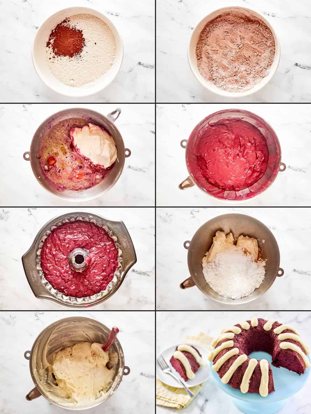 Making a red velvet bundt cake with cream cheese frosting.