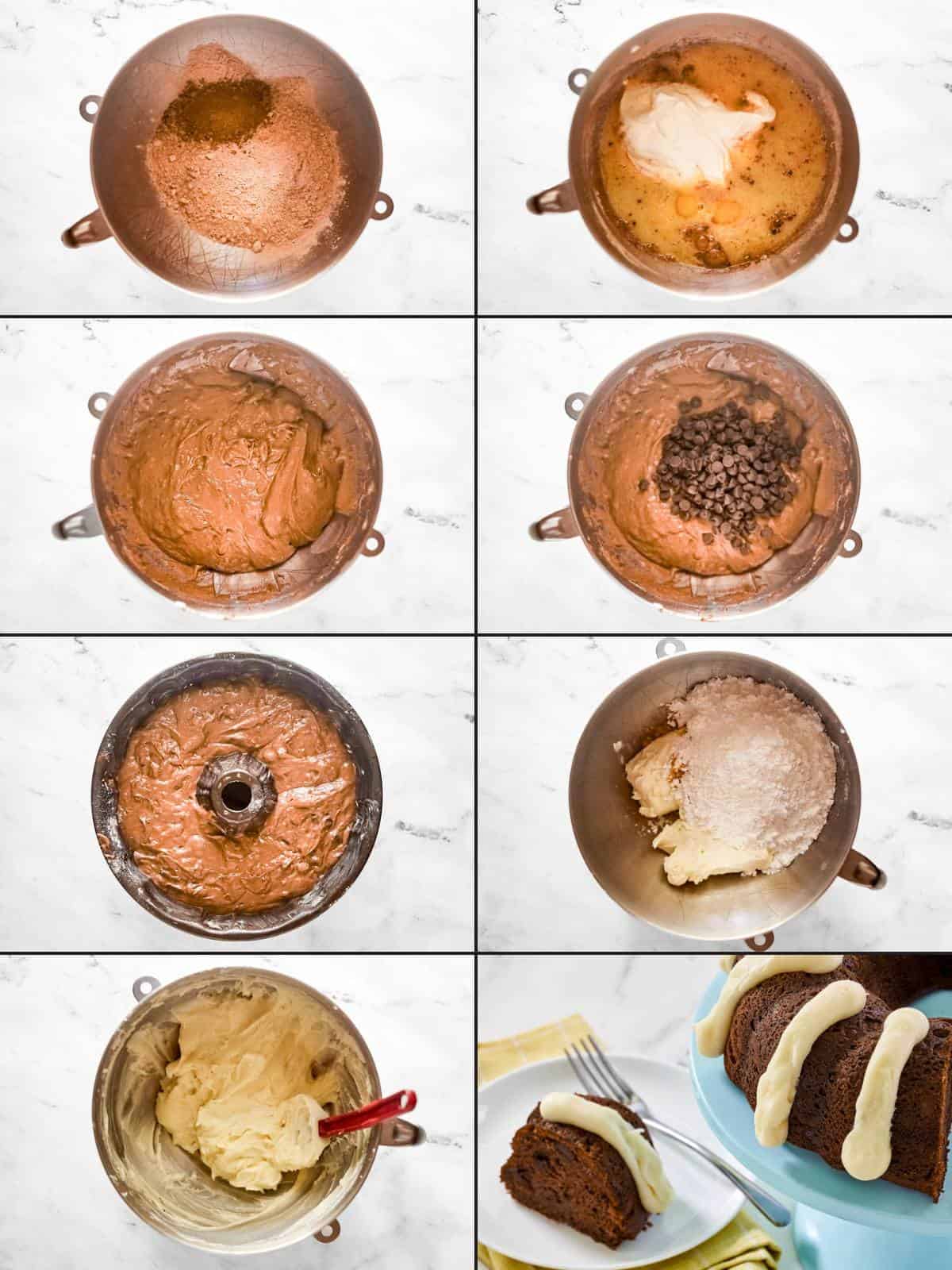 Making a chocolate chocolate chip bundt cake with piped cream cheese frosting.