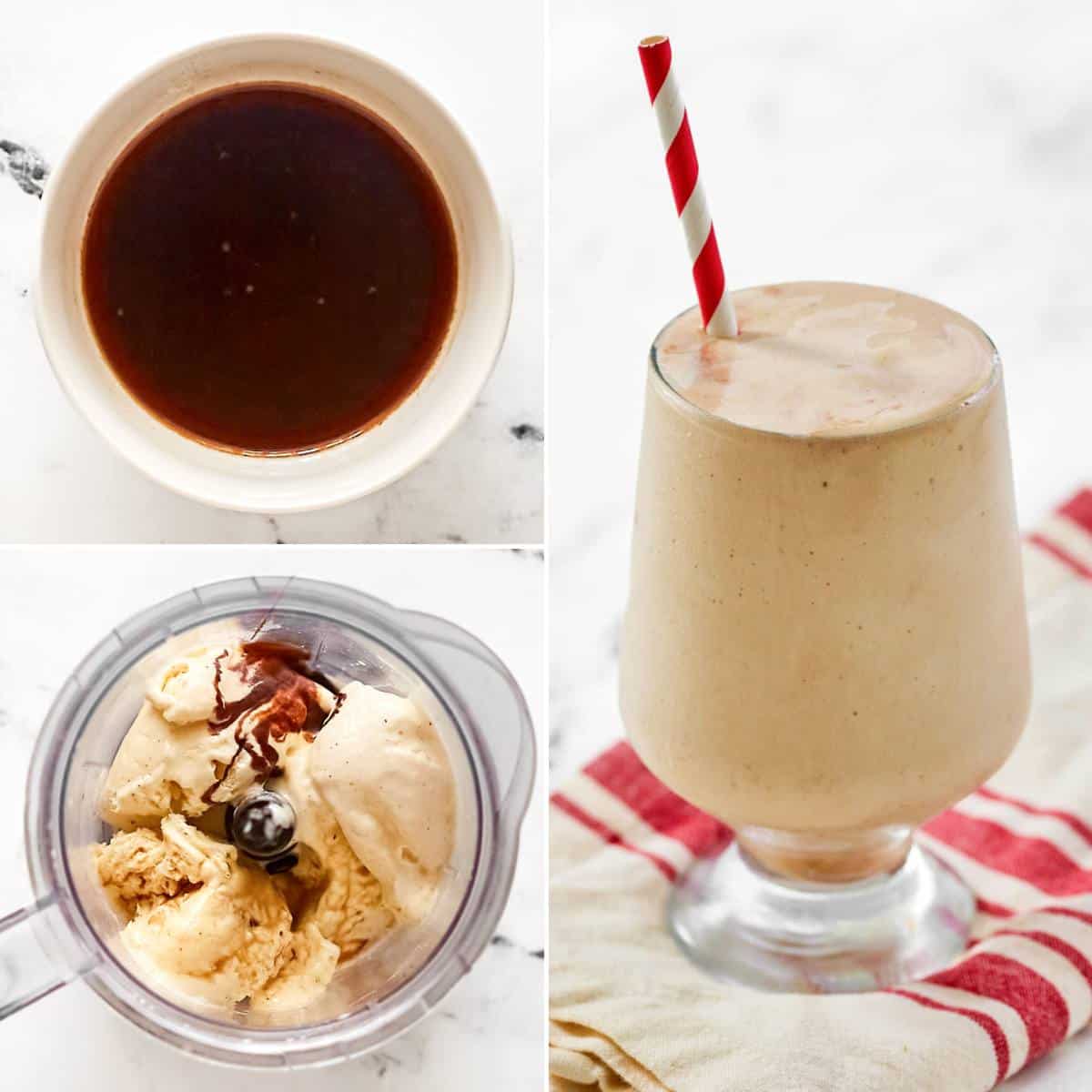Making a chocolate and coffee milkshake.