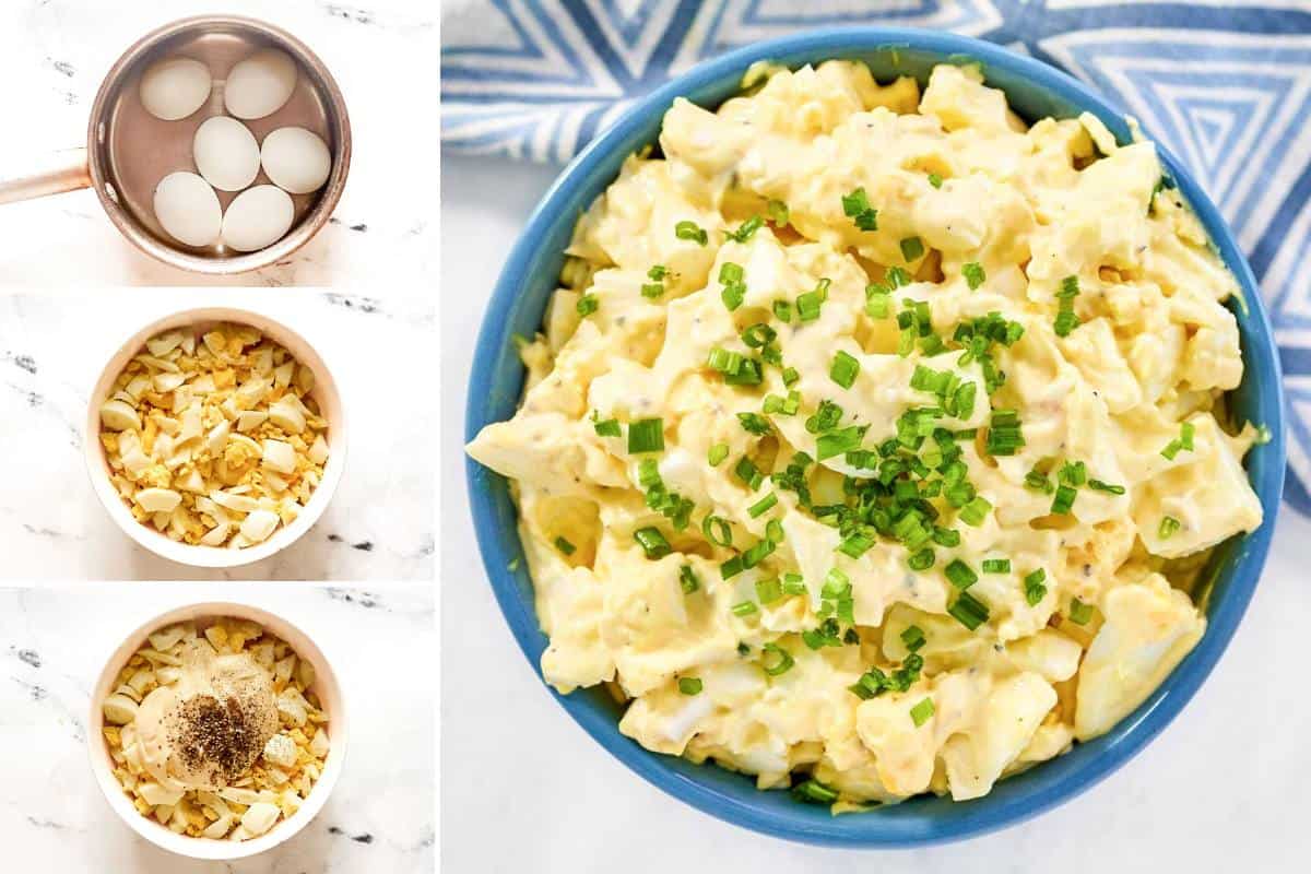 Making creamy egg salad with mayo.