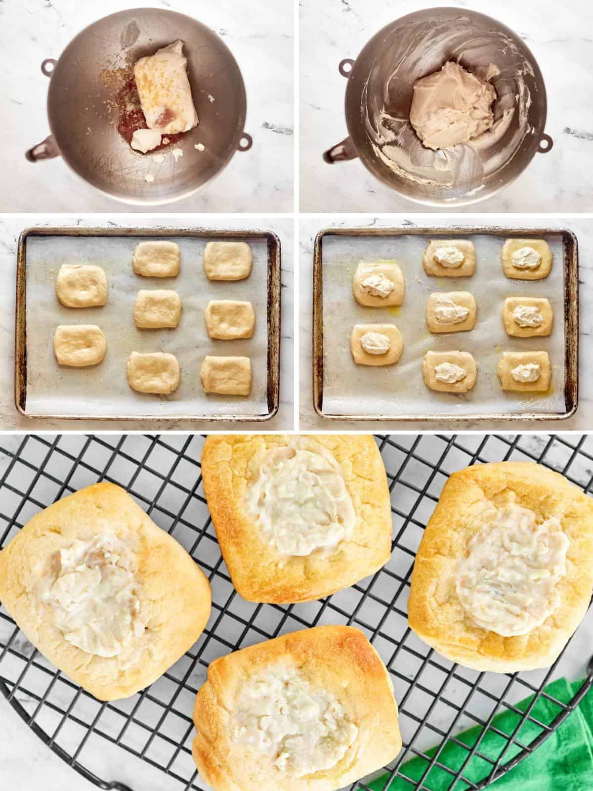 Making cheese danishes with crescent roll dough.