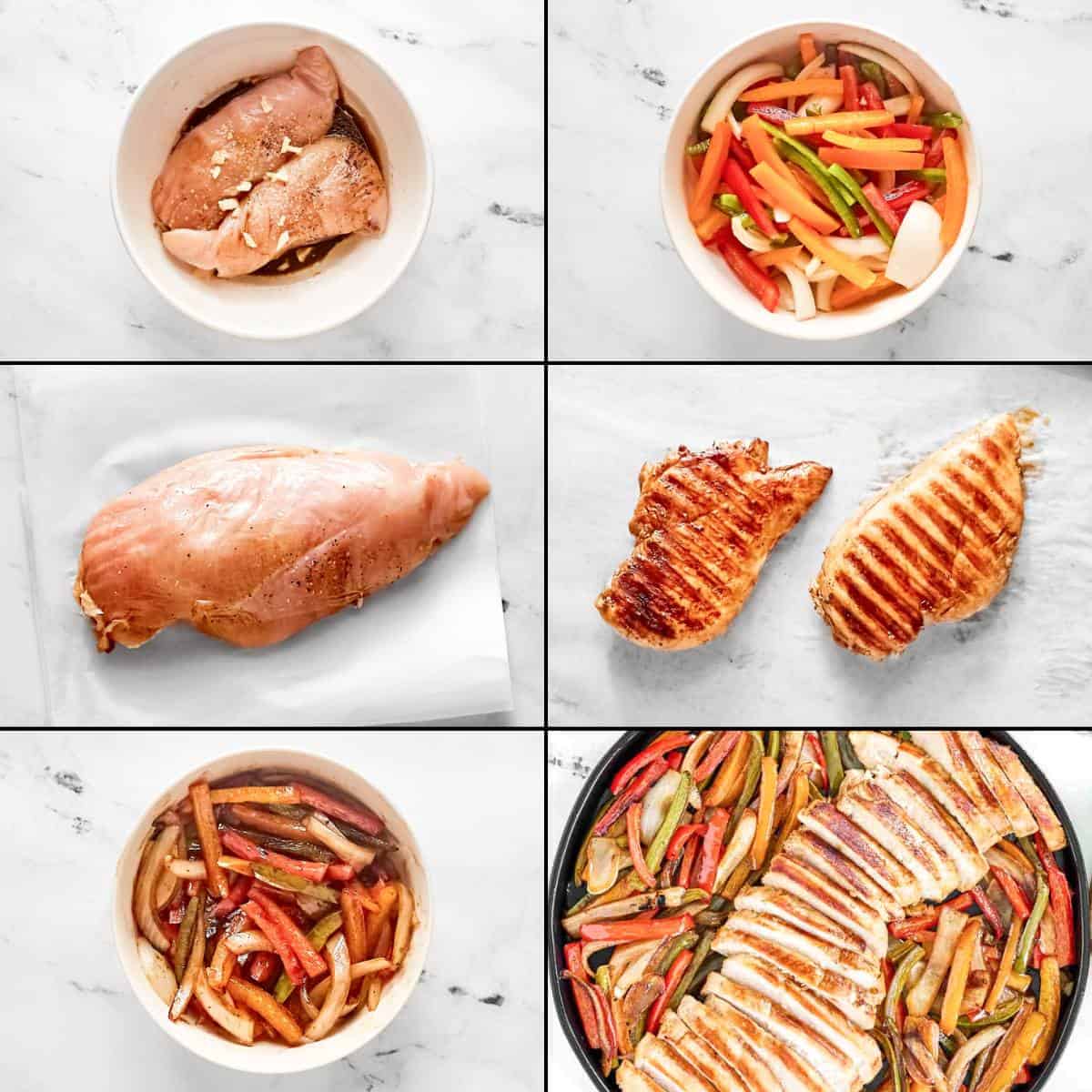 Marinating and cooking chicken and veggies for fajitas.
