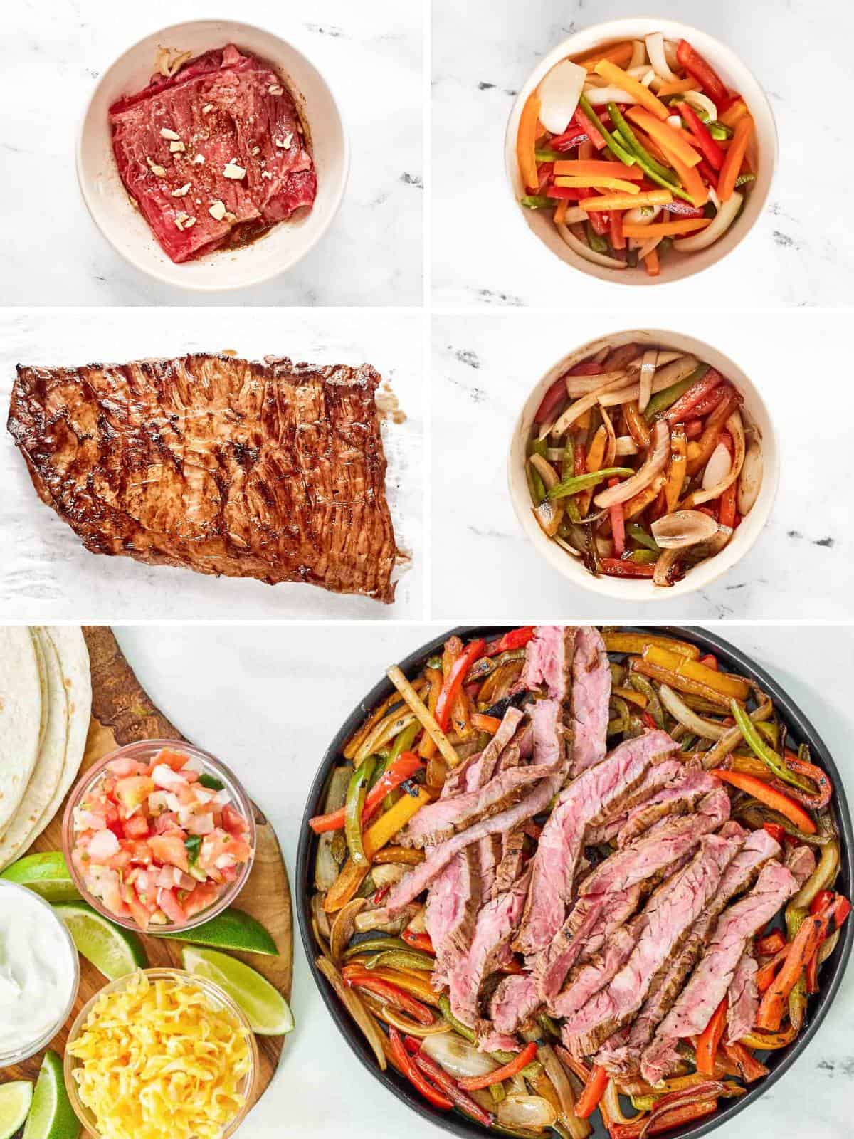 Making fajitas with skirt steak, onions, and bell peppers.