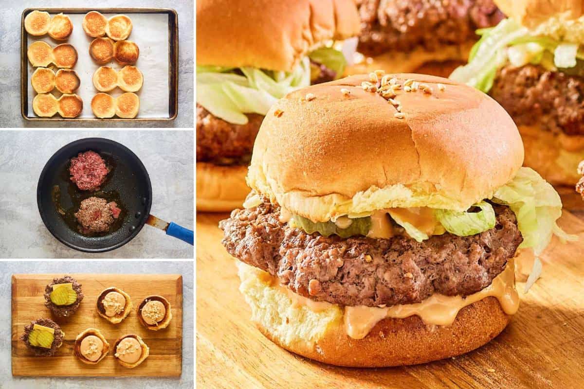 Making ground beef sliders with cheese and special sauce.