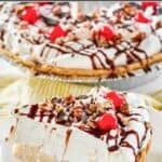 No-bake banana split pie slice and the pie behind it.