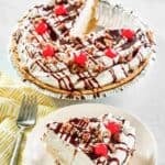 No-bake banana split pie and a slice served on a plate.