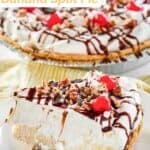 No-bake banana split pie and a slice on a plate in front of it.