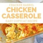 Copycat Cracker Barrel chicken casserole in a glass baking dish and a serving in a bowl.