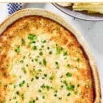 Hot onion cheese dip in a baking dish.