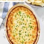 Cheesy baked hot onion dip served with thick-cut potato chips.