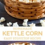 A basket of homemade kettle corn and some popped kernels by it.