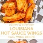 Crispy and buttery Louisiana hot sauce wings served in a parchment paper-lined basket.