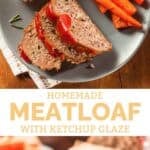 Ketchup glazed meatloaf served with mashed potatoes and carrots.