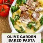 Copycat Olive Garden baked pasta romana with beef in a dish and tomatoes next to it.