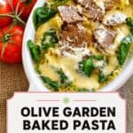 Copycat Olive Garden baked pasta romana with beef in a serving dish.