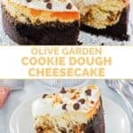 Copycat Olive Garden cookie dough cheesecake on a stand and a slice on a plate.