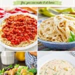 Copycat Olive Garden sauce, pasta, salad, and soup.