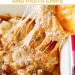 Copycat Olive Garden lasagna dip and a fried pasta chip dipping into it.