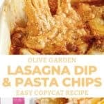 Copycat Olive Garden lasagna dip and pasta chips dipping in it.