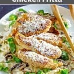 Copycat Olive Garden parmesan crusted chicken fritta with broccoli, mushrooms, and pasta.
