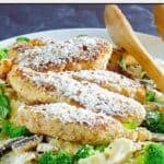 Copycat Olive Garden parmesan crusted chicken fritta with mushrooms, broccoli, and pasta.
