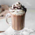 Whipped cream and chocolate syrup topped hot chocolate.