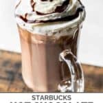 Copycat Starbucks hot chocolate topped with whipped cream and chocolate syrup in a glass mug.