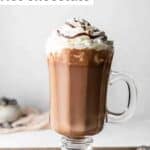 Copycat Starbucks hot chocolate topped with whipped cream and chocolate syrup.