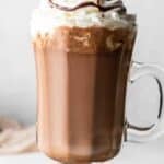 A mug of copycat Starbucks hot chocolate with whipped cream.