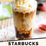 A glass of copycat Starbucks iced coconut mocha macchiato.