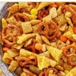 A bowl of homemade sweet and salty Chex mix.