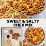 Homemade sweet and salty Chex mix and the ingredients to make it.