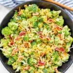 Broccoli, bacon, and cheese salad with creamy dressing.