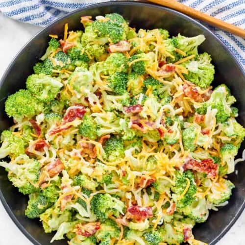 Broccoli, bacon, and cheese salad with creamy dressing.