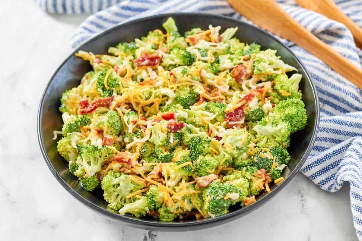 Broccoli, bacon and cheese salad with creamy mayo-based dressing.