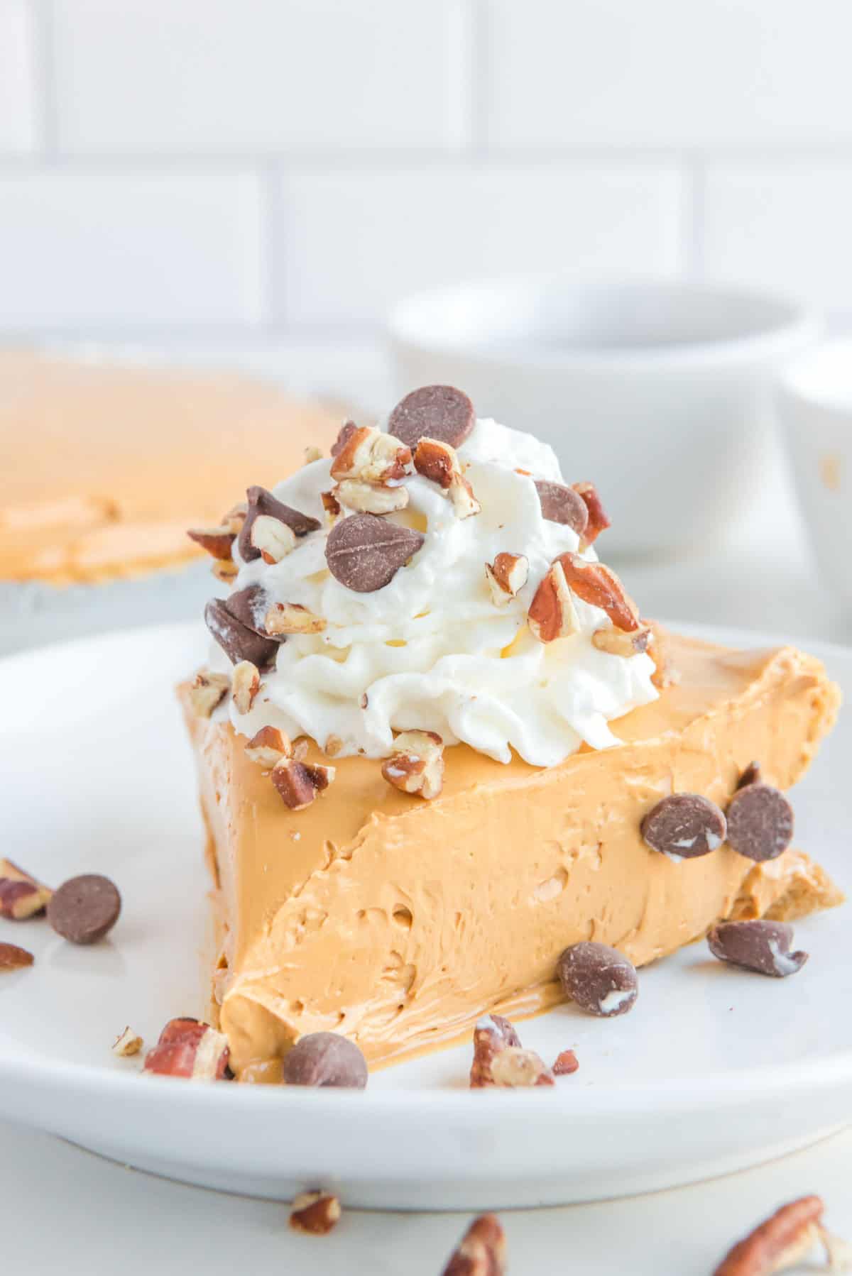 A caramel flavored pie served topped with whipped cream, chopped pecans, and chocolate chips.