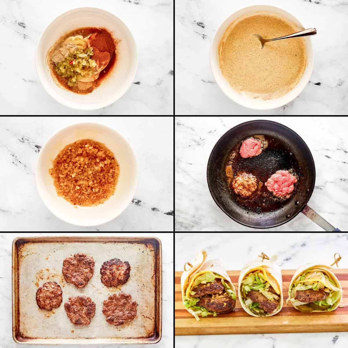 Making cheeseburger wraps with special sauce.