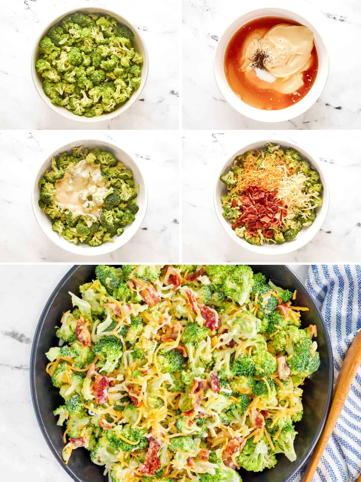 Making a creamy salad with broccoli, bacon, and cheese.