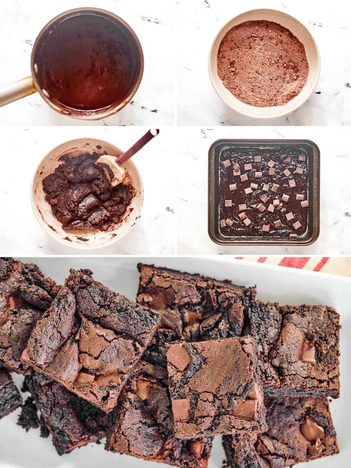 Making fudge chocolate brownies with chocolate chunks.